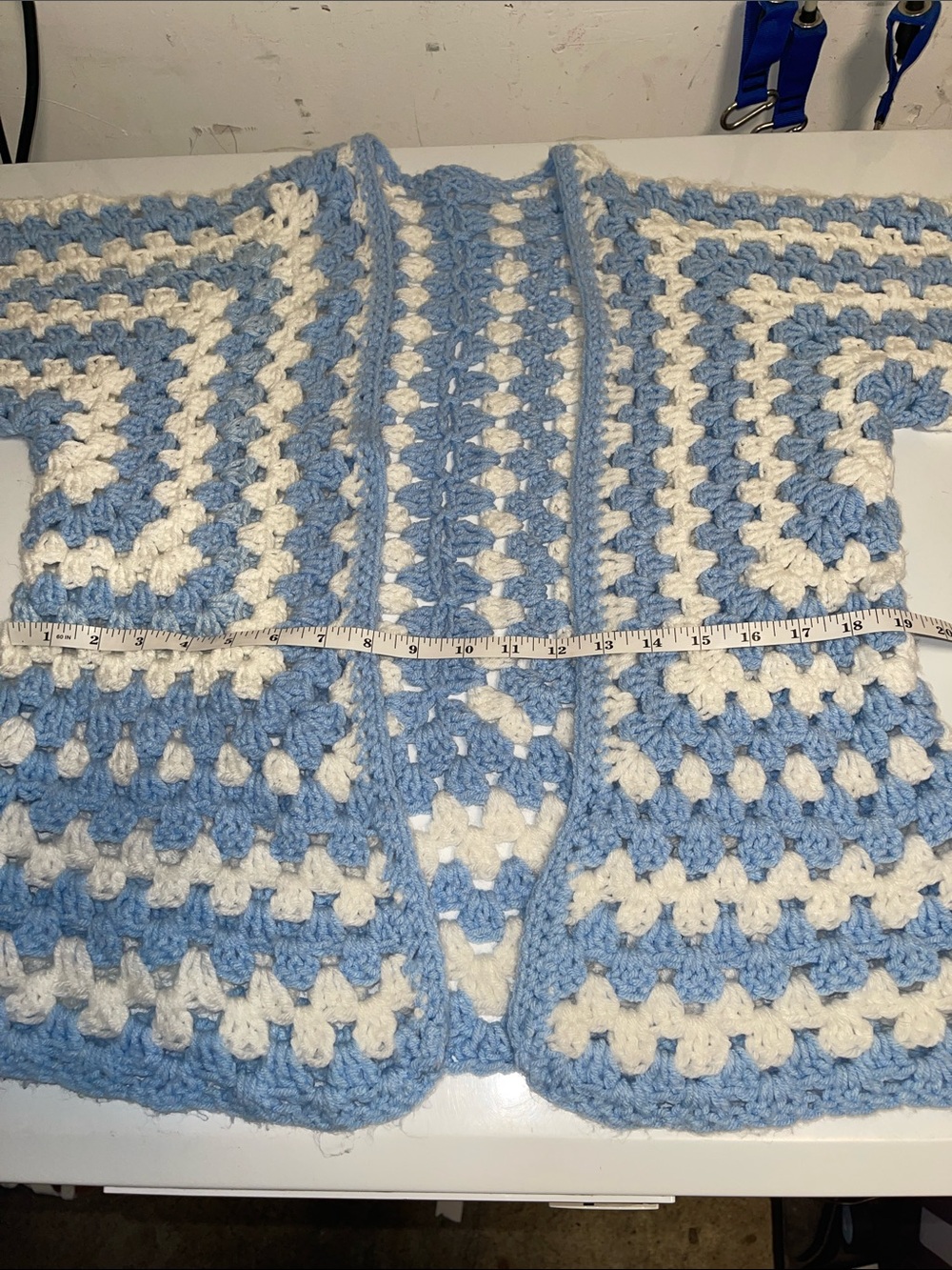 Handmade Crochet Cardigan in Light Blue & Cream